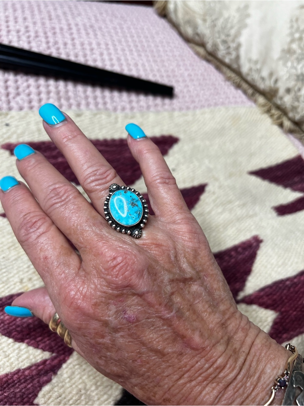 Robert Shakey Navajo Sterling Silver Turquoise Statement Ring Sz 8 - Picture 6 of 10